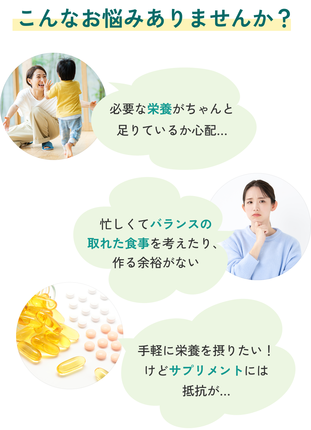 こんなお悩みありませんか？ 1:必要な栄養がちゃんと足りているか心配… 2:忙しくてバランスの取れた食事を考えたり、作る余裕がない 3:手軽に栄養を摂りたい！けどサプリメントには抵抗が…